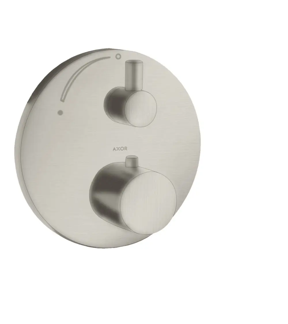 Thermostat für die Wandmontage in Edelstahl-Optik von AXOR, bestehend aus zwei Reglern zur Temperatur- und Wasserflussregelung.